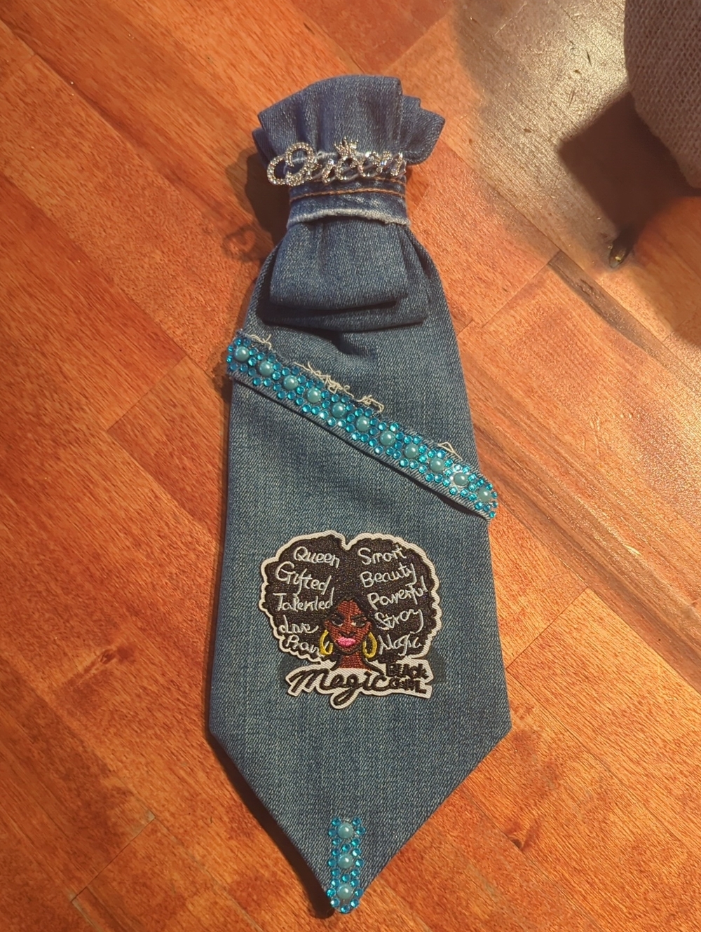 Denim Blue Embellished Tie with Beaded Accent